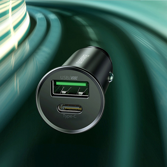 Baseus Circular Metal USB USB-C PD QC4.0 5A 30W nabíječka do auta černá