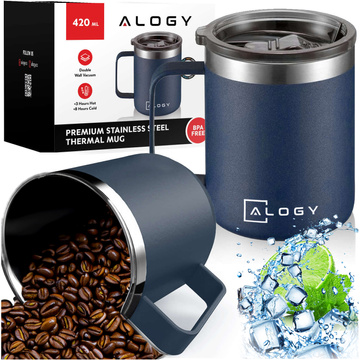 Thermal mug 420ml with handle lid for coffee tea steel cold and warm drinks Alogy navy blue Washing brush