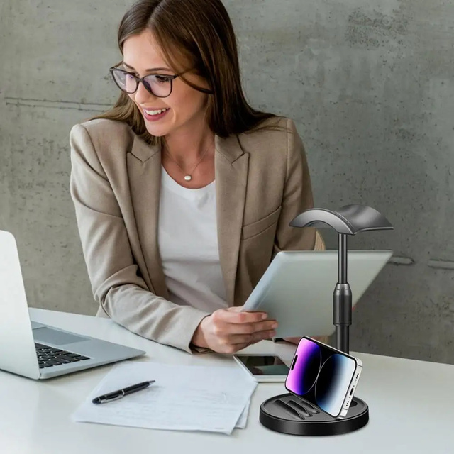 Desk Stand Headphone Hook Holder Adjustable for Desk with Phone Stand Hanger Hook Alogy Black