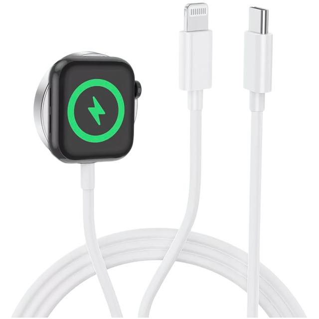 2v1 magnetický indukčný nabíjací kábel pre Apple Watch, iPhone 1M Lightning USB-C kábel Alogy White
