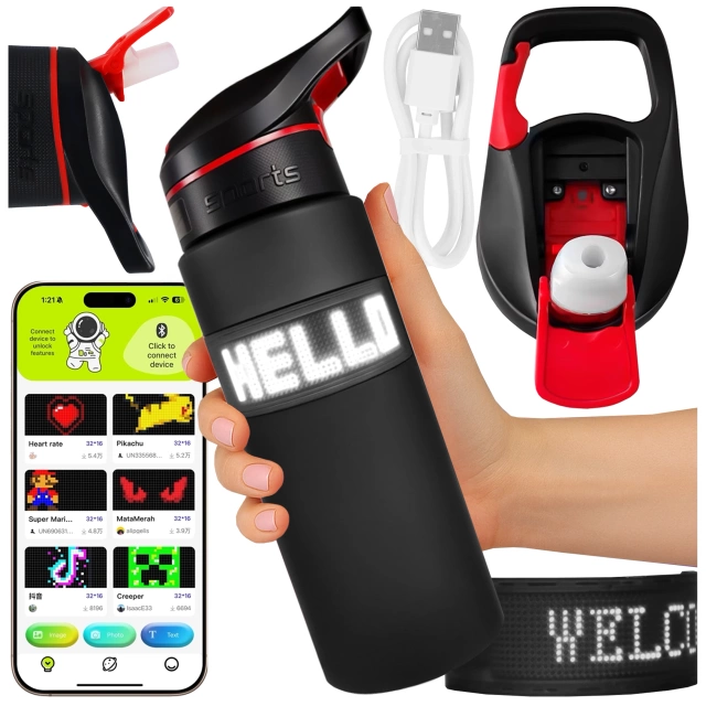 Alogy FitBottle™ 800ml inteligentná fľaša na pitie s LED displejom a Bluetooth pripojením, slamka, motivačná, opakovane použiteľná - čierna