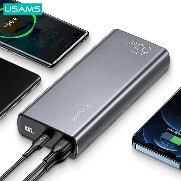 USAMS Powerbank PB59 30000mAh 65W 2xQC3.0 PD Fast Charge czarny/black CMXLOGTC01 (US-CD165) kabel USB-C-USB-C