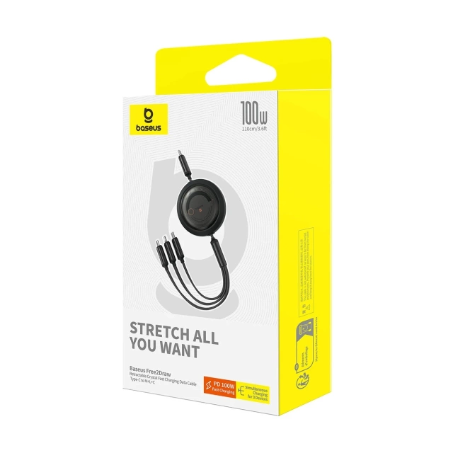Baseus Free2Draw CB000084 zatahovací USB-C - Lightning / USB-C / micro USB kabel 100W 1,1m - černý
