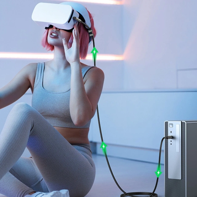 Uzelený lomený kabel USB Typ C - USB Typ C pro nabíjení 60W / přenos dat s podporou brýlí VR (např. Oculus Quest 2) 5m černý (US551)
