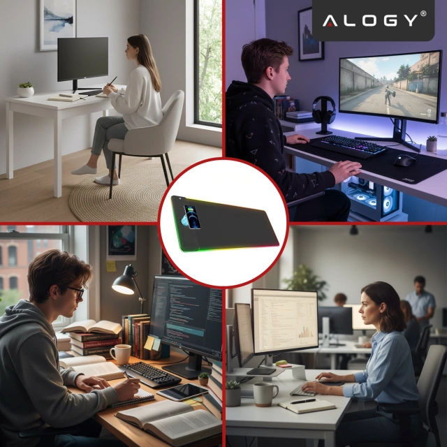 Alogy QiGlow Pro Schreibtischunterlage mit RGB-LED-Beleuchtung für Maus, Tastatur und Qi-Ladegerät für Smartphones. Rutschfeste, schützende Gaming-Matte XL (80 x 30 cm), Schwarz.