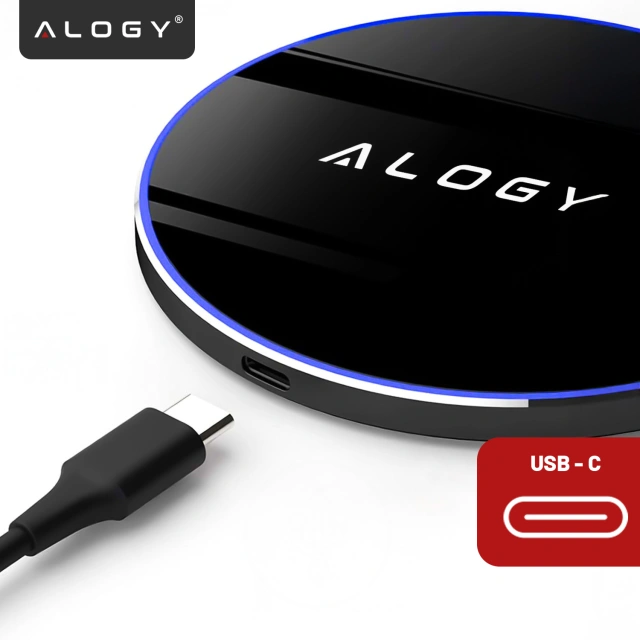 QI wireless inductive charger 15W fast LED Alogy round for iPhone USB-C cable Black