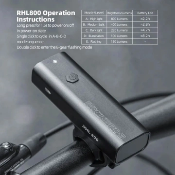 Rockbros 24710012001 front bicycle light 800 lm USB-C - USB-A cable - black