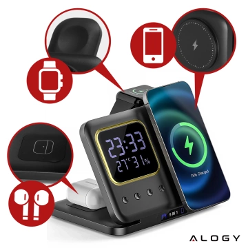 WIRELESS FAST CHARGING STATION 5-in-1 LED CLOCK 15W USB-C to MagSafe for Apple iPhone Watch AirPods with clock and hygrometer Black