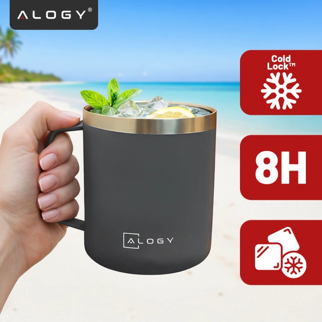 Thermobecher 420 ml mit Henkel und Deckel für Kaffee, Tee, Stahl, Kalt- und Heißgetränke Alogy Grey