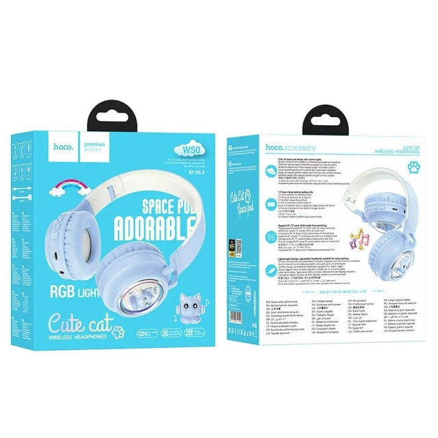 HOCO W50 Bluetooth-Kopfhörer, blau, mit RGB-Hintergrundbeleuchtung
