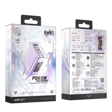 Nabíjačka do siete Acefast A45 GaN 65W, 3 USB porty (1x USB, 2x USB-C), fialová