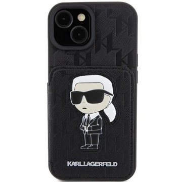 Etui Karl Lagerfeld KLHCP15SSAKKNSCK pro iPhone 15 6,1" černé/černé pevné pouzdro Saffiano sloty pro karty a stojánek Monogram Ikonik Patch