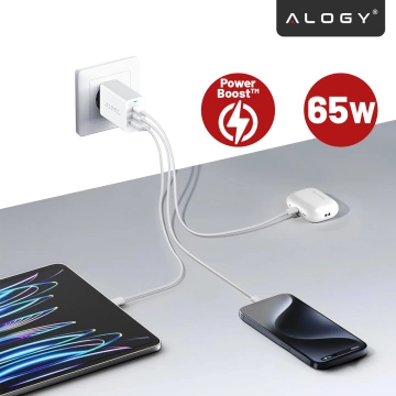 Alogy GaNCharge Compact 3in1 Wall Charger Fast Charging GaN3 65W USB-A 30W 2x USB-C 65W White