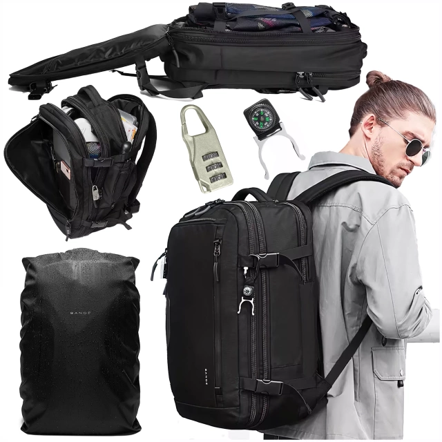 Bange Wasserdichter Rucksack für 15,6-Zoll-Laptop, Stadtreisender, erweiterbar auf 55 x 35 x 21–27 cm, für Flugzeug, Herren, Damen, Vorhängeschloss, Kompass, Flaschenclip, Schwarz