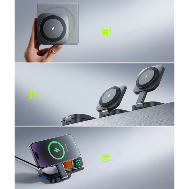 Qi Mag Safe 15W indukčná nabíjačka pre iPhone Apple Watch AirPods bezdrôtová dokovacia stanica 3v1 čierna