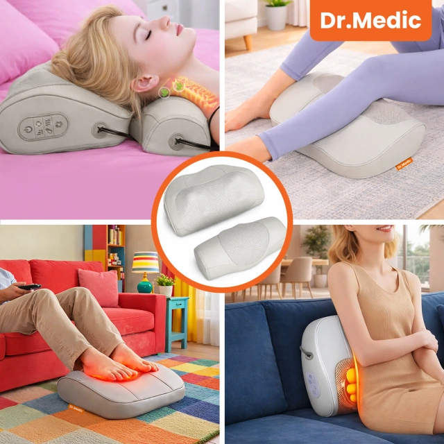 Poduszka masująca elektryczna na szyję i kark – masażer z pilotem, funkcja grzania zagłówka, relaks i redukcja napięcia mięśni – Dr.Medic RelaxNeck™