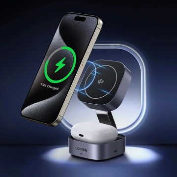 Nabíječka Ugreen W702 3v1 MagSafe Qi2 15W skládací USB-C černá