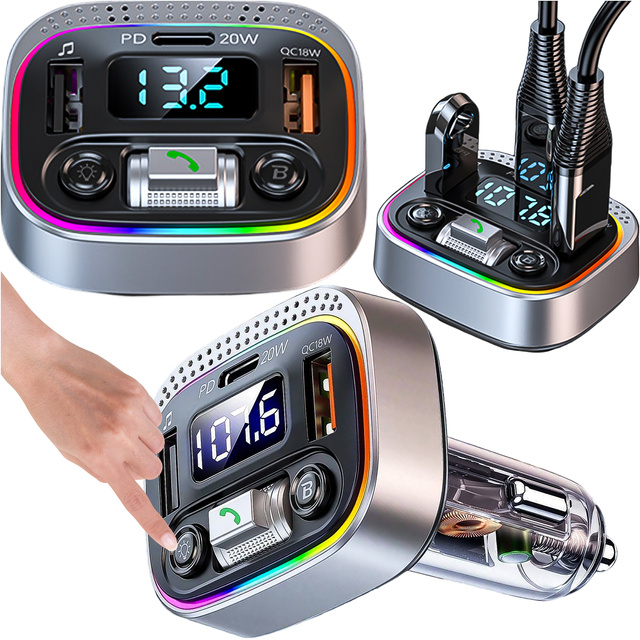 Bluetooth FM MP3 Car Transmitter Fast Charger 2 x USB QC 3.0 USB-C C PD 20W LED RGB Alogy Car silver