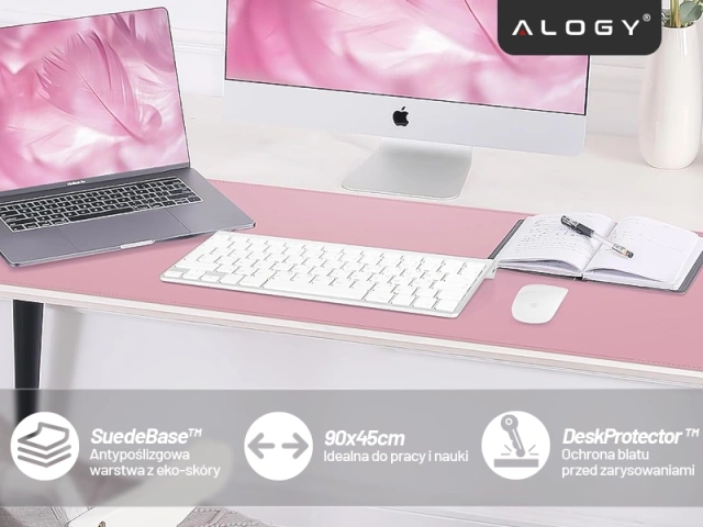 Schreibtischunterlage 90 × 45 cm – rutschfeste Schutzmatte aus elegantem PU-Kunstleder, für Maus und Tastatur, stilvoll und langlebig – Alogy WorkMat™ Pink