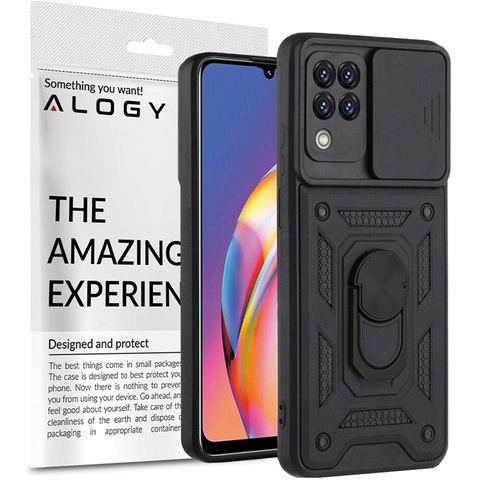 Pancierové puzdro s krytom fotoaparátu Alogy Stand Ring Armor pre Galaxy A22 / M22 4G čierne