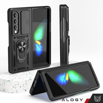 Armored case for Galaxy Z Fold 5 Camshield Case Ring Alogy Stand with slide camera cover, black