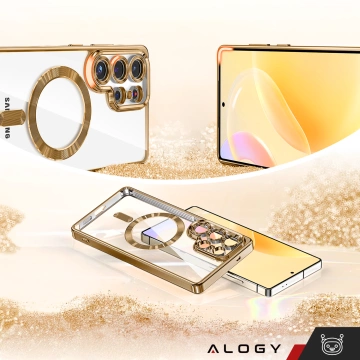 MagSafe-Hülle für Apple iPhone 16 Pro Max Alogy Glamour Luxus-Ringgehäuse Gold-Transparent