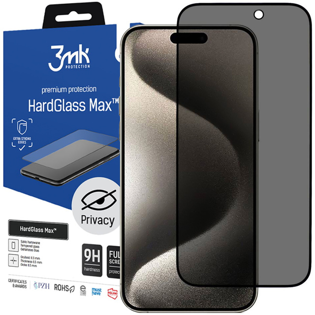 Ochranné sklo pro iPhone 15 Pro Max - 3mk HardGlass Max Privacy™ tvrzené proti spywaru