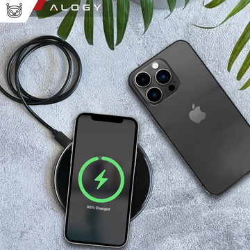 QI wireless inductive charger 15W fast LED Alogy round for iPhone USB-C cable Black