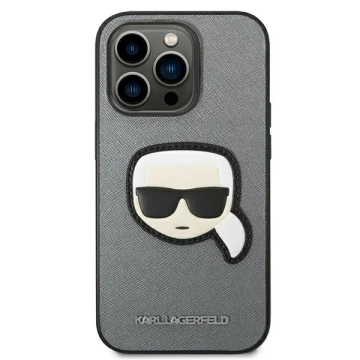 Etui Karl Lagerfeld KLHCP14XSAPKHG na iPhone 14 Pro Max 6,7' pevný obal Saffiano Karl`s Head Patch srebrny/strieborný