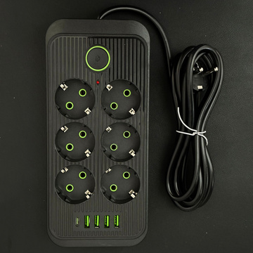 Verlängerungskabel Steckdosenleiste 6 Steckdosen AC EU-Steckdosen 4x USB USB-C Typ C-Steckdosen 2500 W Schwarz
