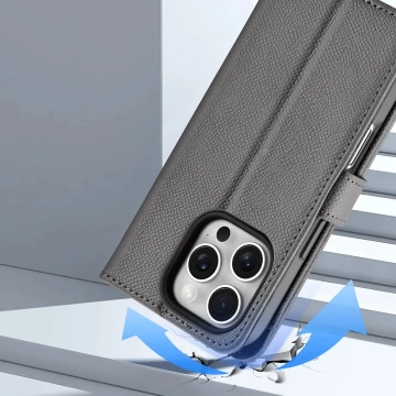 Шкіряний чохол Dux Ducis Lawa для iPhone 16 Pro з гаманцем MagSafe сірого кольору