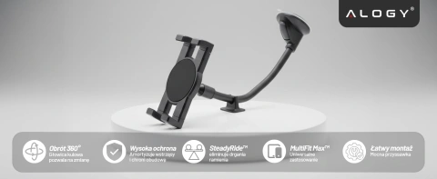 Alogy Autohalterung für Tablet-Telefon, Armaturenbrett, Windschutzscheibe für Auto mit langem Arm, 4–13 Zoll, Schwarz