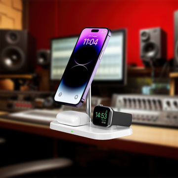 Ładowarka indukcyjna Qi Mag Safe 15W do iPhone Apple Watch AirPods 3w1 bezprzewodowa stojak podstawka biała