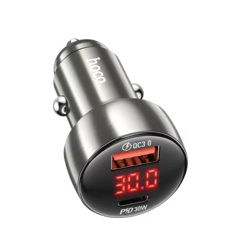 Автомобільний зарядний пристрій HOCO USB A Type C з дисплеєм PD QC3.0 3A 48W Z50 металевий сірий