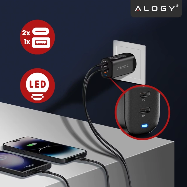 Alogy GaNCharge Kompaktes 3-in-1-Wandladegerät, schnelles Laden, GaN3, 65 W, USB-A, 30 W, 2 x USB-C, 65 W, Schwarz