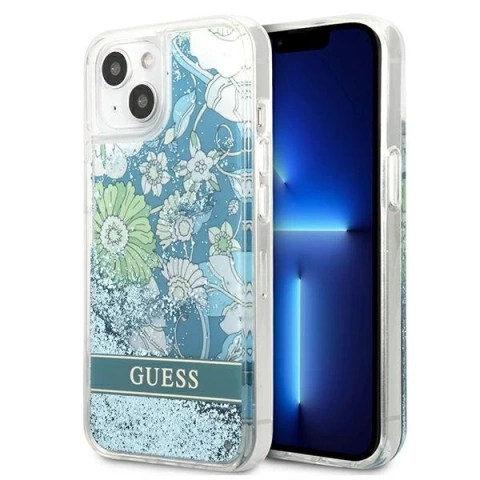 Guess GUHCP13MLFLSN iPhone 13 6,1" zielony/zelené pevné puzdro Flower Liquid Glitter