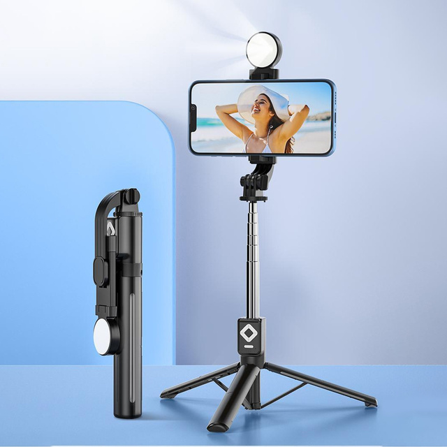 Selfie stick Uchwyt na telefon statyw z podwójną lampą Ring LED Tripod z pilot Bluetooth Czarny