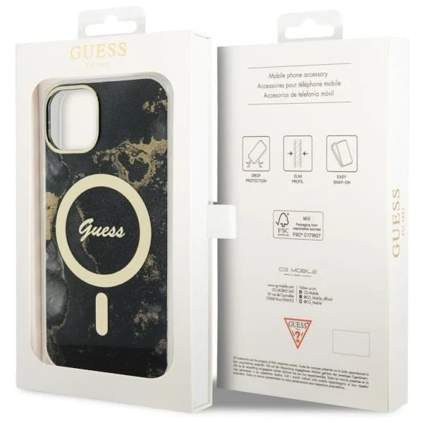 Sada na telefon Guess GUHMP14MHTMRSK pro Apple iPhone 14 Plus 6,7" černý/černý pevný obal Golden Marble MagSafe