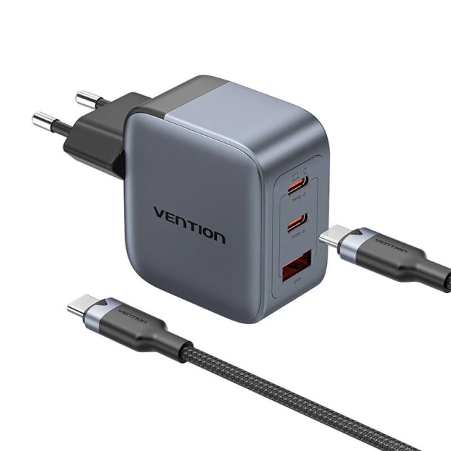 GaN Vention USB-C CA Charger 70W USB-C to USB-C Cable 1m (Gray)