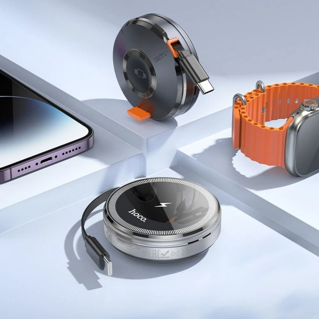 HOCO Kabelloses Ladegerät mit einziehbarem Kabel Typ-C, kompatibel mit MagSafe und Apple Watch, 15 W, CQ18, Silber