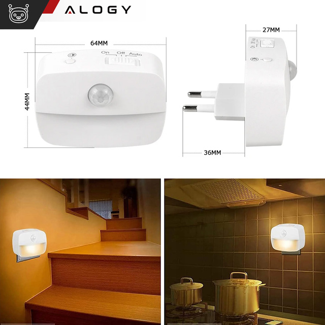 2x LED nočná lampa s pohybovým senzorom do EU zásuvky, 3 farby svetla Alogy Night Light White