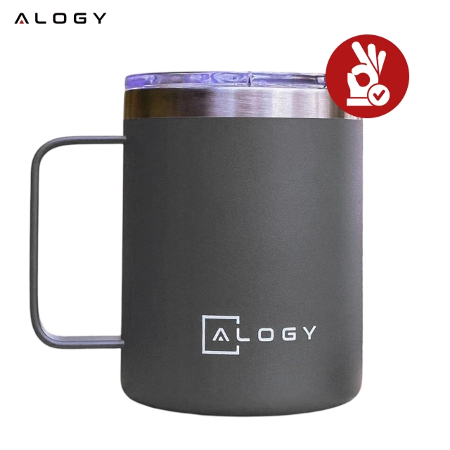 Termohrnček 420 ml s uškom a vrchnákom na kávu, čaj, oceľ, studené a teplé nápoje Alogy Grey
