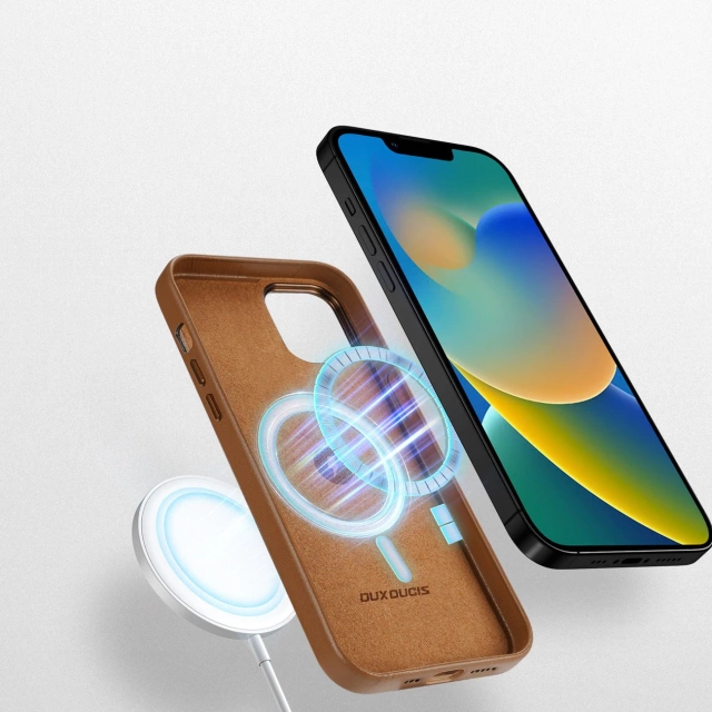 Dux Ducis Grit Leather Case for iPhone 14 Sleek Faux Leather Cover (MagSafe Compatible) Brown