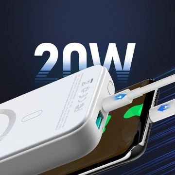 Joyroom Power Bank 10000mAh 20W Dodávka energie Rychlé nabíjení 15W Magnetická Qi bezdrátová nabíječka pro iPhone Kompatibilní s MagSafe bílá (JR-W020 bílá)