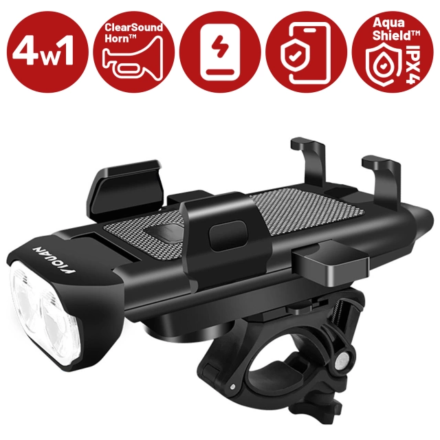 Držák telefonu na kolo 4v1 LED světlo T6 Přední Bell Bike Horn Powerbanka 3000mAh černá