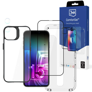 Skleněná čočka pouzdra pro iPhone 15 Plus Set 3mk Comfort Set 4v1 tvrzená čočka pouzdra