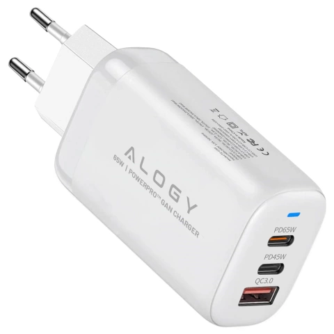 Alogy GaNCharge Kompaktes 3-in-1-Wandladegerät, schnelles Laden, GaN3, 65 W, USB-A, 30 W, 2 x USB-C, 65 W, Weiß