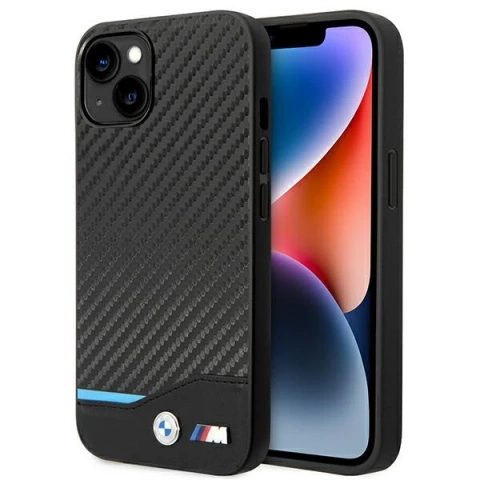 Pouzdro na telefon BMW BMHCP14M22NBCK pro Apple iPhone 14 Plus 6,7" černé/černé kožené karbonové