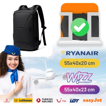 Vodotesný batoh Bange s ochranou proti krádeži na 15,6" notebook, cestovanie do mesta, 46x30x15 cm do práce, do lietadla, pánsky, dámsky, s USB portom a kombinovaným zámkom, čierny