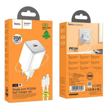 Hoco N40 20W USB-C Charger USB-C Lightning PD QC Cable White